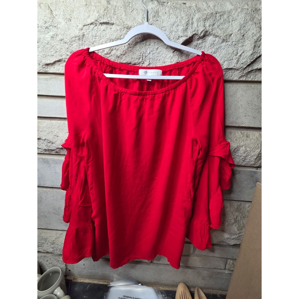 Fever Womens‎ Red Tiered Ruffle Bell Sleeve Blouse Elastic Scoop Neck Large